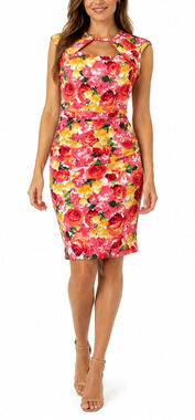 Cache Dress Sheath Sleeveless Floral Ruched Tulle Mesh Back Zip Knee Length 12